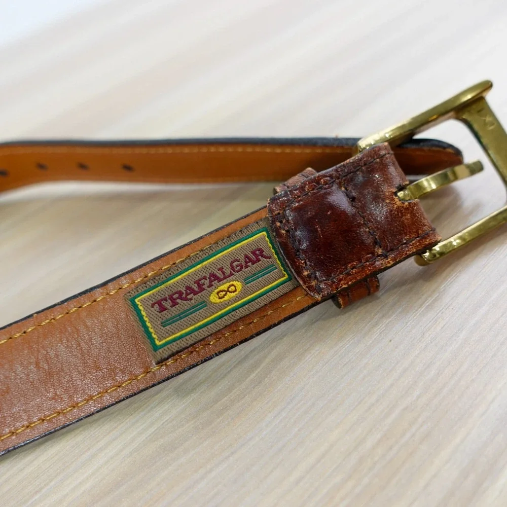 Classic Brown Leather Belt Mens 38 TRAFALGAR Gold Brass Buckle Veal Preppy Ivy